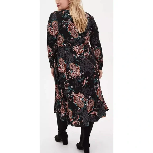 Torrid Midi Challis Skater Dress Black Paisley Plus Size 1 1X Boho Festival - Picture 8 of 13
